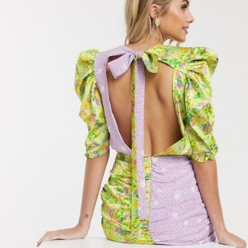For Love & Lemons Dubois Mini Dress Small Colorblock Floral Ruched Backless